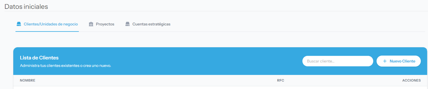 Lista de Clientes y Unidades de Negocio