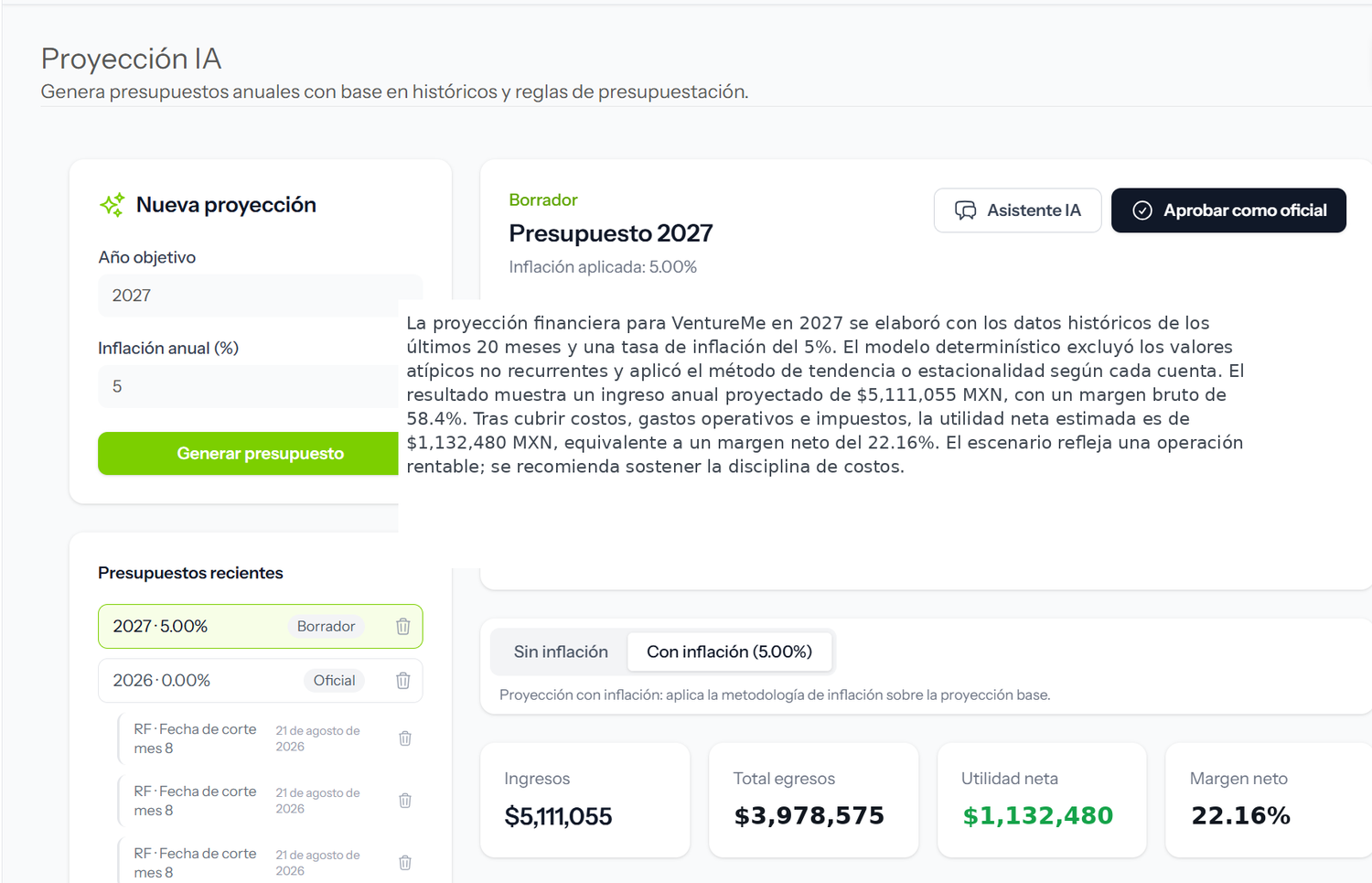 Pantalla de Proyección Financiera IA
