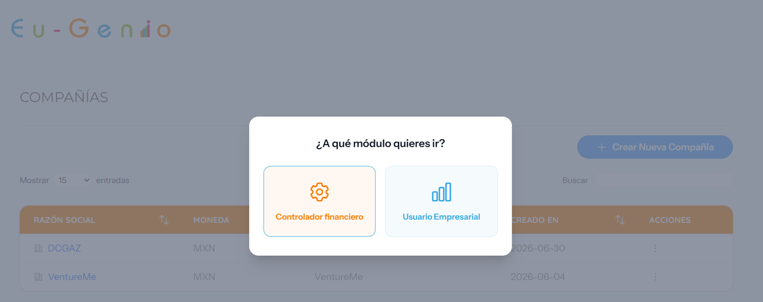 Selección de módulo: Controlador Financiero o Usuario Empresarial