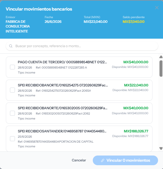 Vincular movimientos bancarios